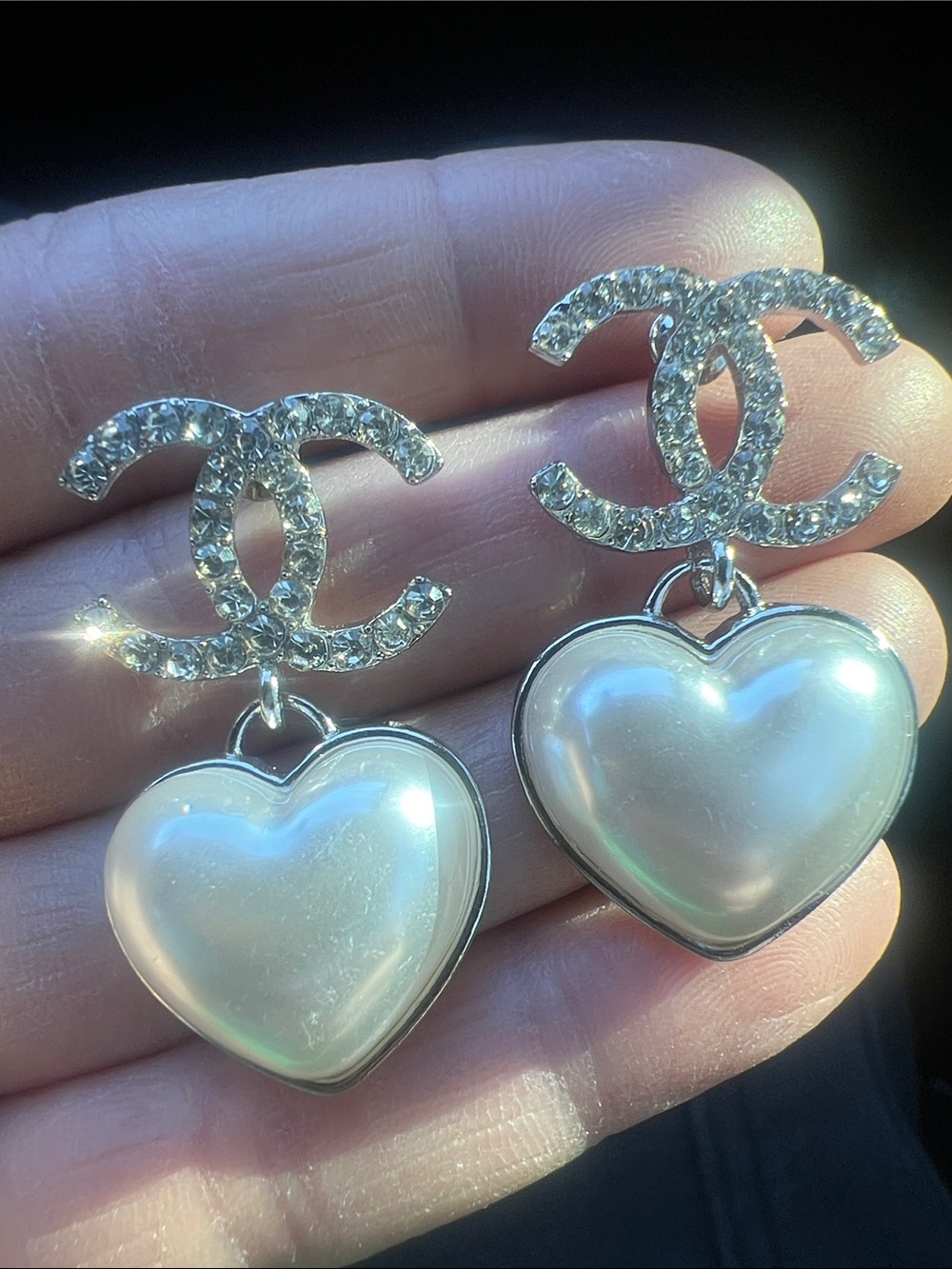 CHANEL Silver Crystal CC Logo Earrings with Iridescent White Heart Drops - Picture 2 of 8